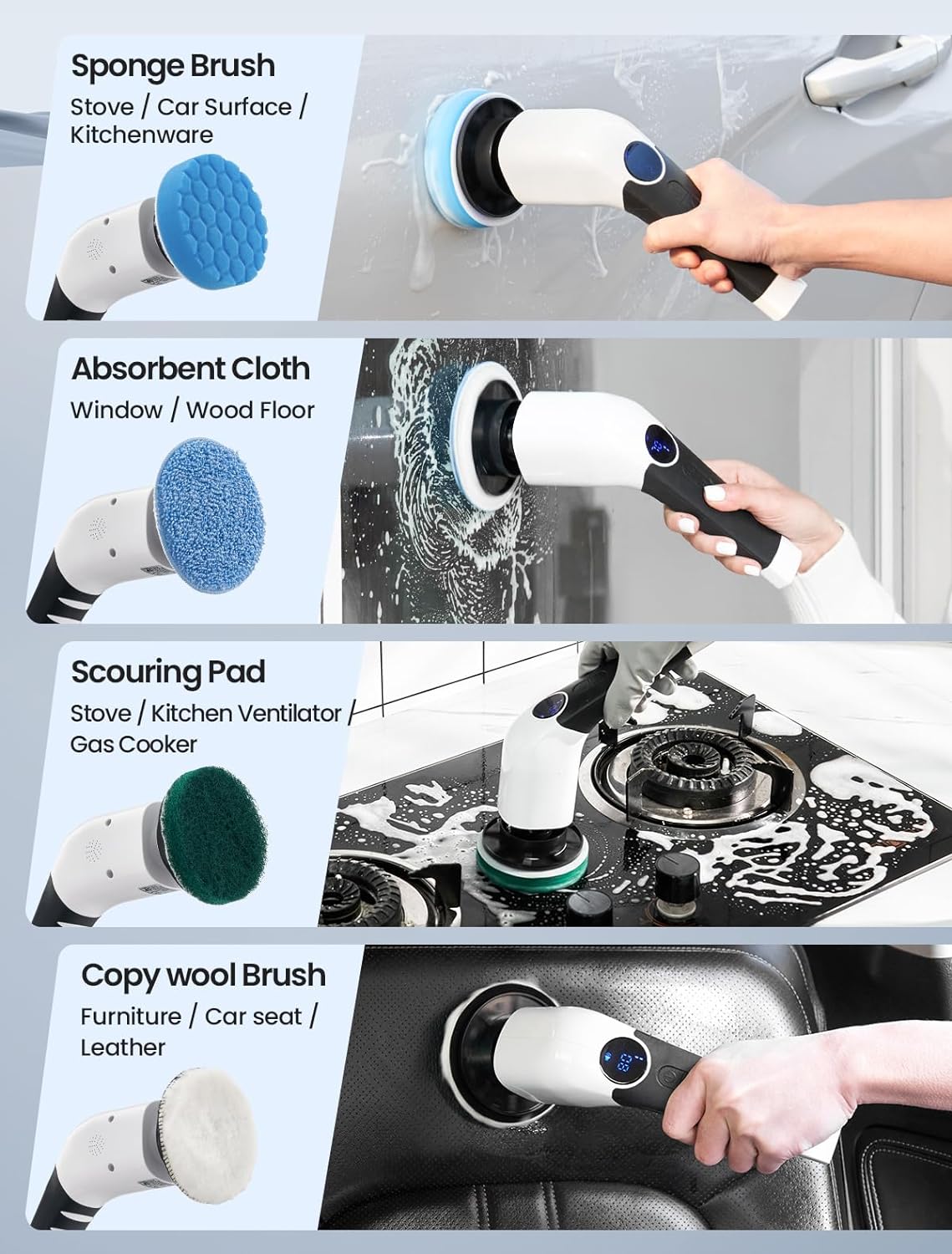 Electric Spin Scrubber, 2024 New Cordless Voice Prompt Shower Cleaning Brush with 8 Replaceable Brush Heads, 3 Adjustable Speeds, and Adjustable Extension Handle for Bathroom Floor Tile