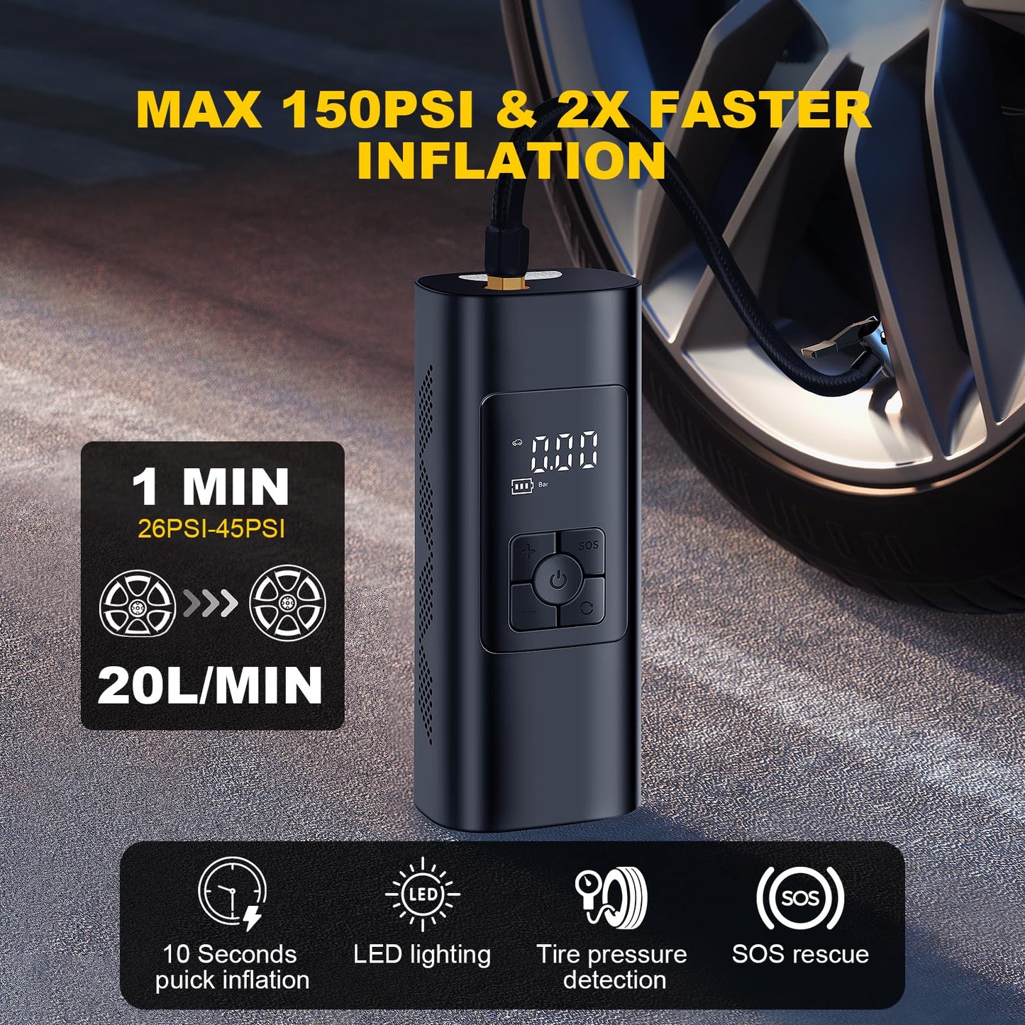 Tire Inflator Portable Air Compressor, Frarome 150PSI Portable Air Pump for Car Tires with 20000mAh Battery, Auto-Off Bike Pump with Digital Pressure Gauge & Emergency Light for Car, Motorcycle, Ball