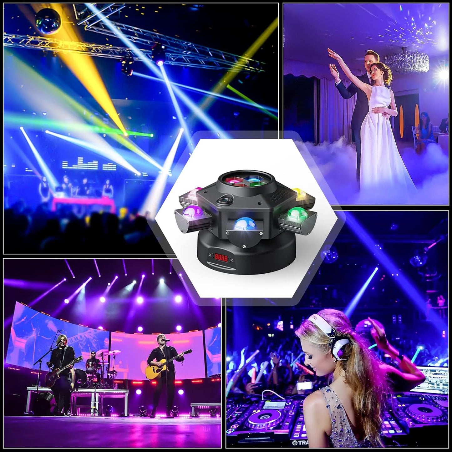 150W RGBW Moving Head DJ Lights with 6 Arms, DMX & Sound Activation for Parties & Events